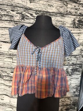 American Eagle Outfitters Blue & Orange Plaid Tie-Front Peplum Crop Top